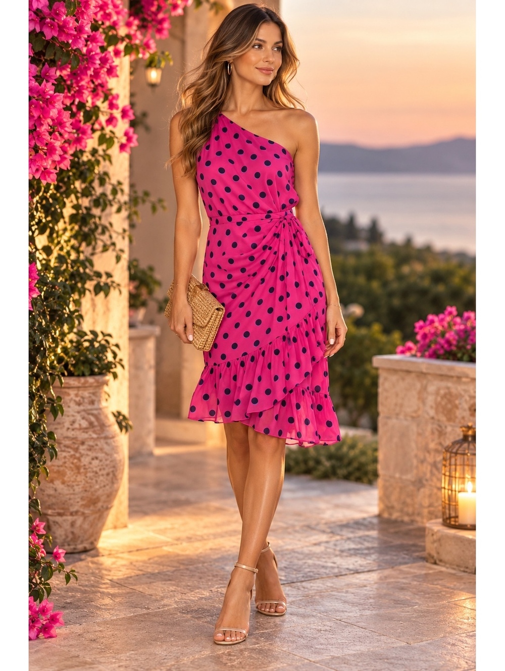 Derek Lam 10 Crosby Taula One Shoulder Polka Dot Dress Size 0 Pink